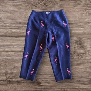 SLB Silk Lined Silk Capri Black Pants Embroidered Cropped Pink Flamingos Size 4